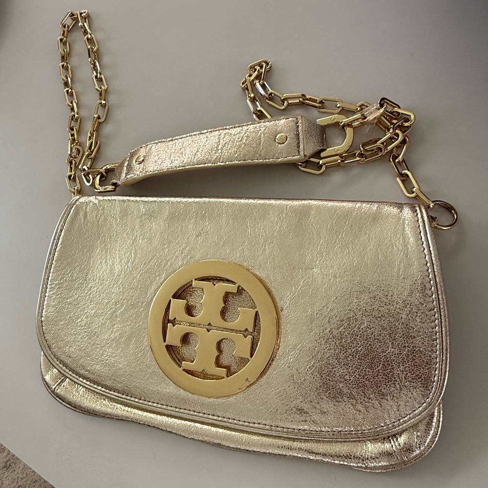 Tory Burch Logo Reva Gold Metallic Clutch Crossbody Bag